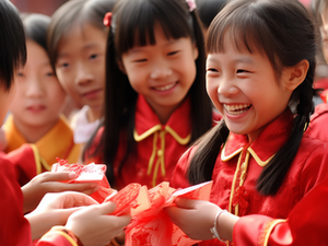 Children in red traditional clothes exchange red envelopes, smiling and joyful, in a festive setting with a blurred background.