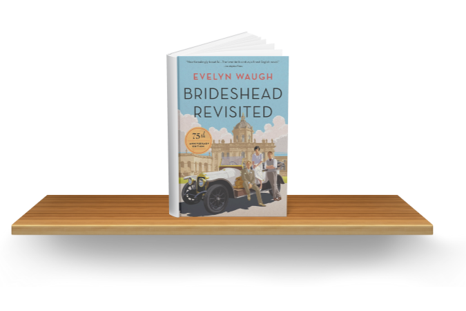 Book "Brideshead Revisited" by Evelyn Waugh on a wooden shelf. Cover shows vintage car and people by a grand building under a blue sky.