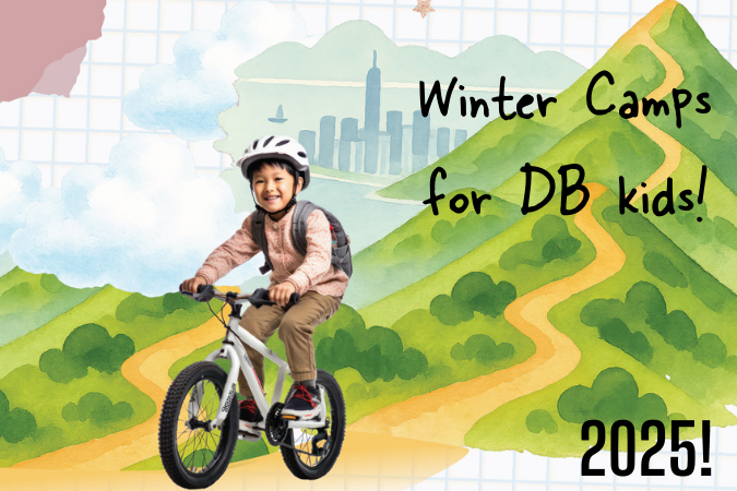 Girl in red scarf jumps joyfully near a tree, moon, and acorns. Text: "Winter Camps for DB kids! 2025!" Background of grid pattern.