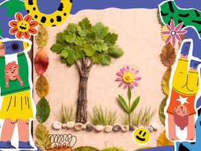 Collage with leaves forming a tree and flower. Two illustrated people: one with a camera, one upside down. Bright, playful colors and patterns.