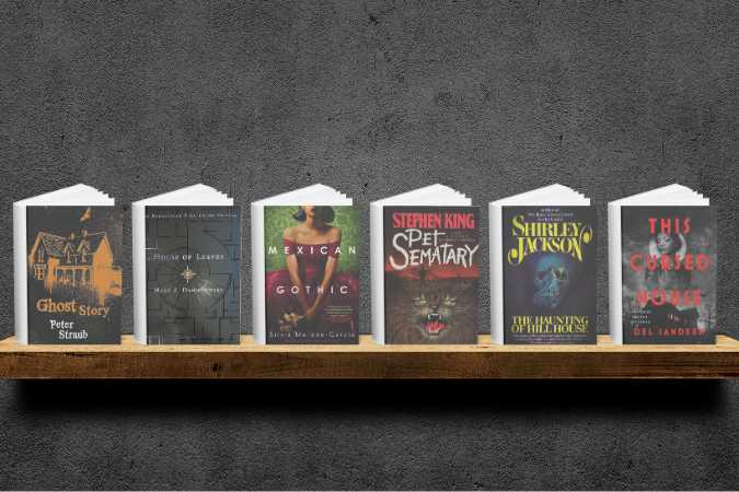 Six horror books on a wooden shelf against a dark textured wall. Covers include haunted houses and gothic themes, with vivid colors.