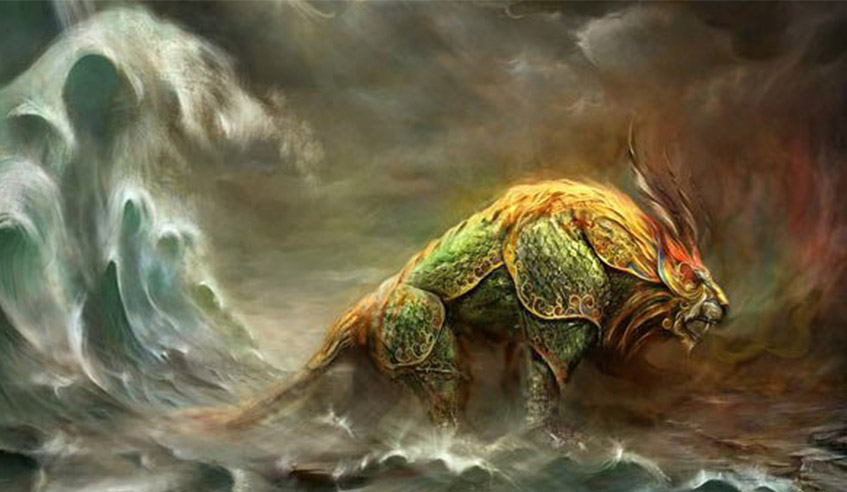 Fantastical creature with armor-like scales and fiery mane stands in turbulent waters. Waves crash with a stormy sky backdrop. Dramatic mood.