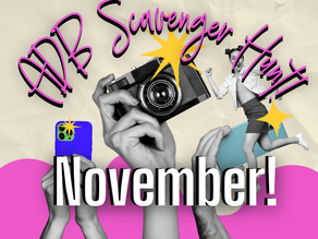 Flyer for ADB Scavenger Hunt with riddle. Pink drink, tropical photo, camera graphic. Text: “Enter the all-new scavenger hunt!”