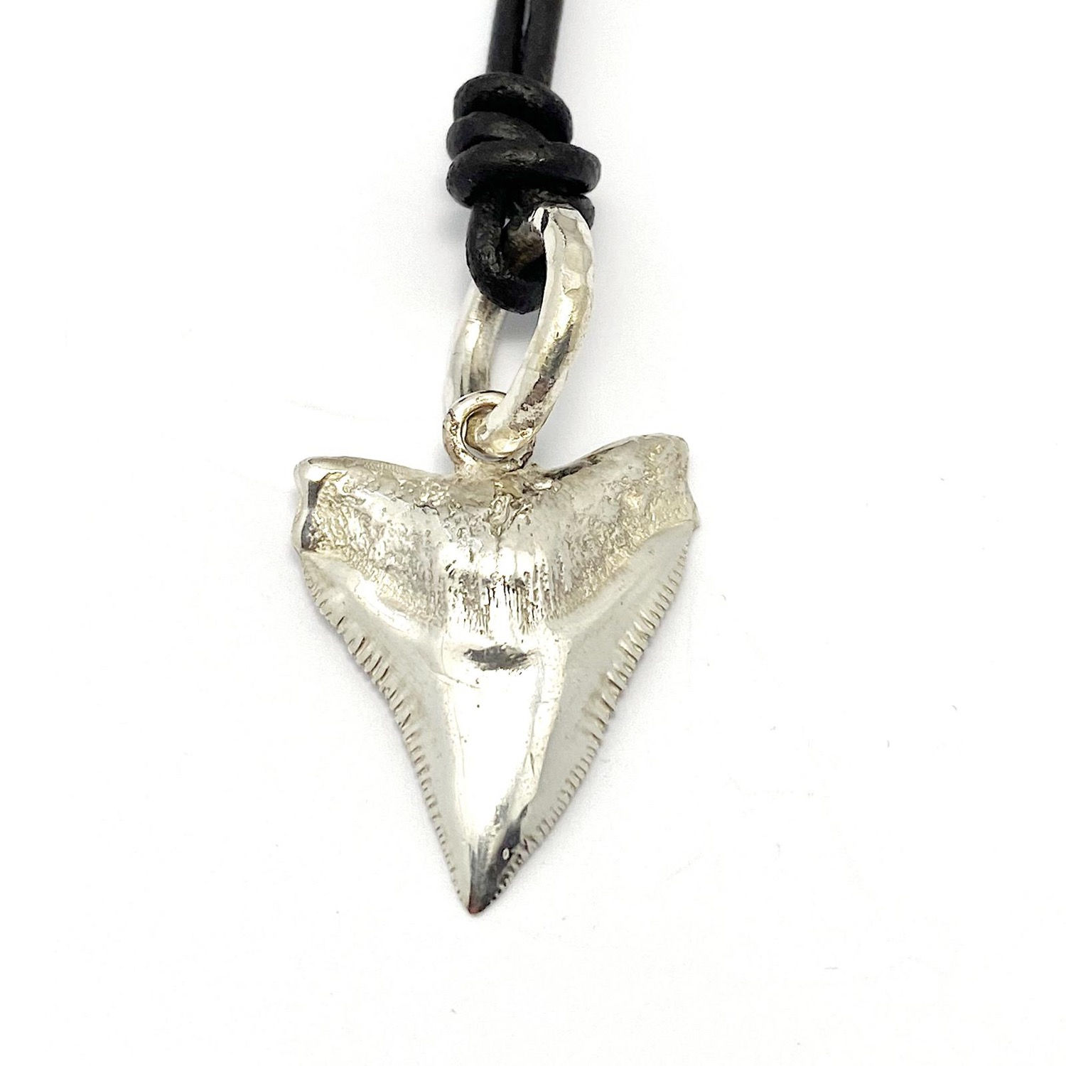 Sterling silver mako shark tooth pendant on black leather cord
