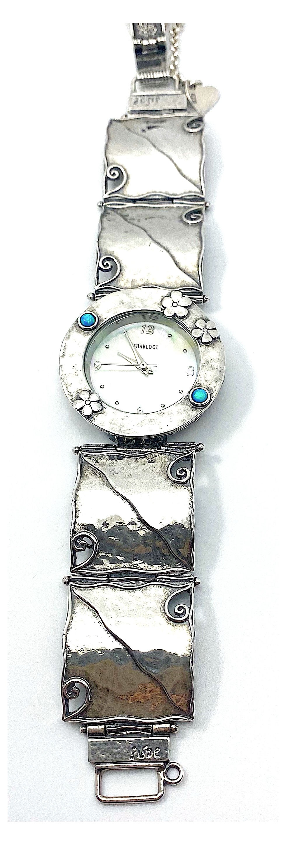 sterling silver bracelet watch with opalite stones and engraved floral design