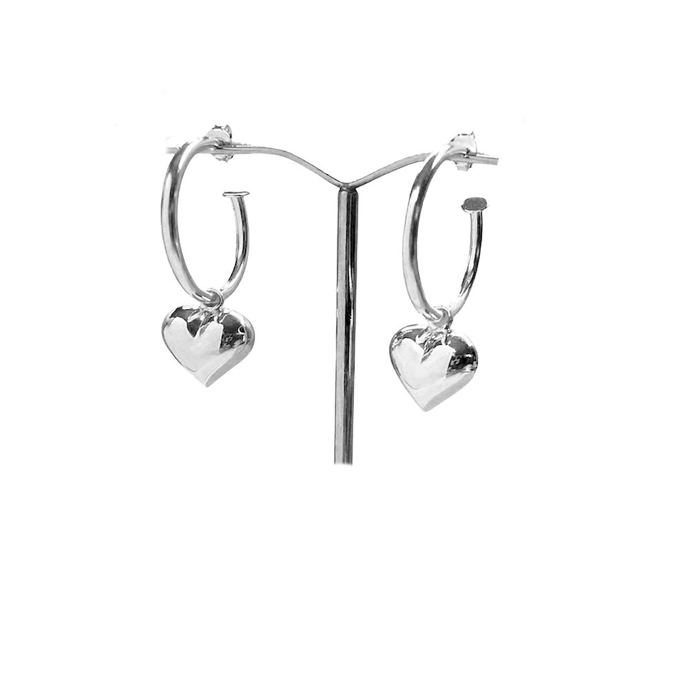 Sterling silver hoop earrings with 15mm heart charms, 38mm total drop