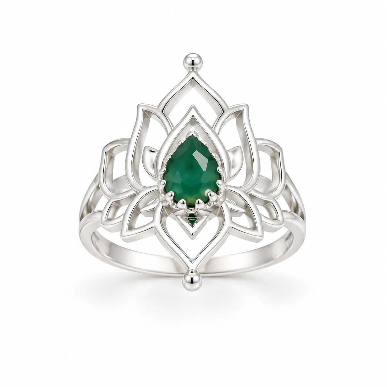 Sterling Silver Lotus Flower Green Agate Ring