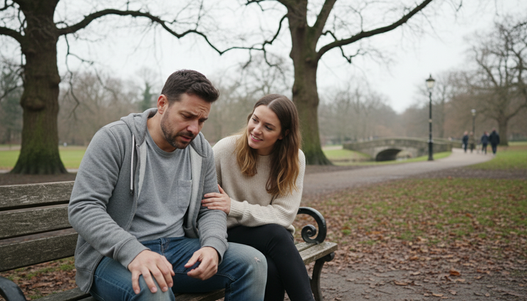 Eye-level view of two people talking calmly on a park bench.