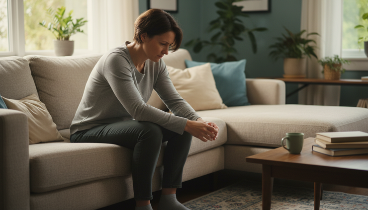 Eye-level view of a worried person sitting alone on a couch.