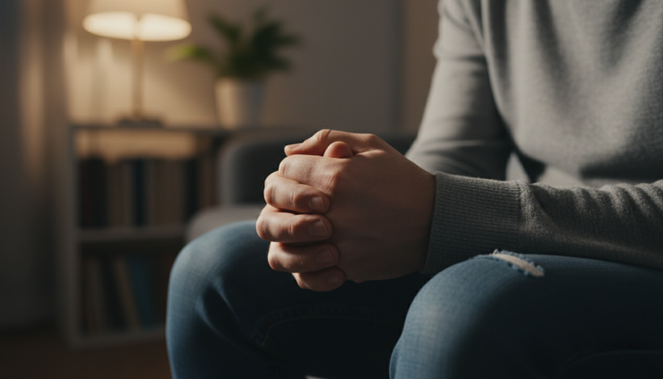 Close-up of tense hands clasped tightly in someone’s lap.