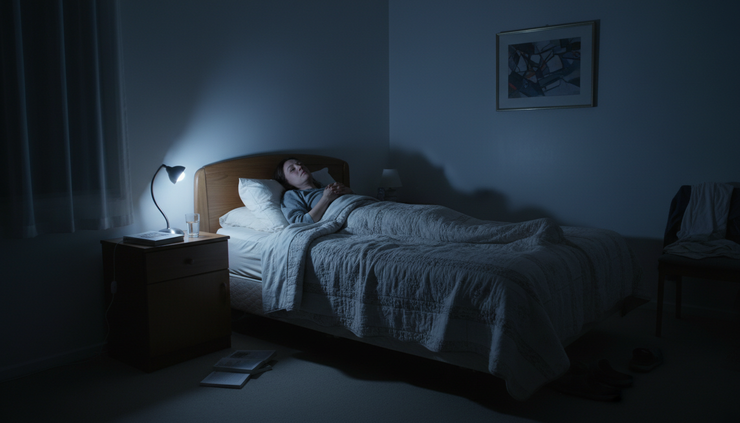 Wide-angle view of a person awake in bed at night.