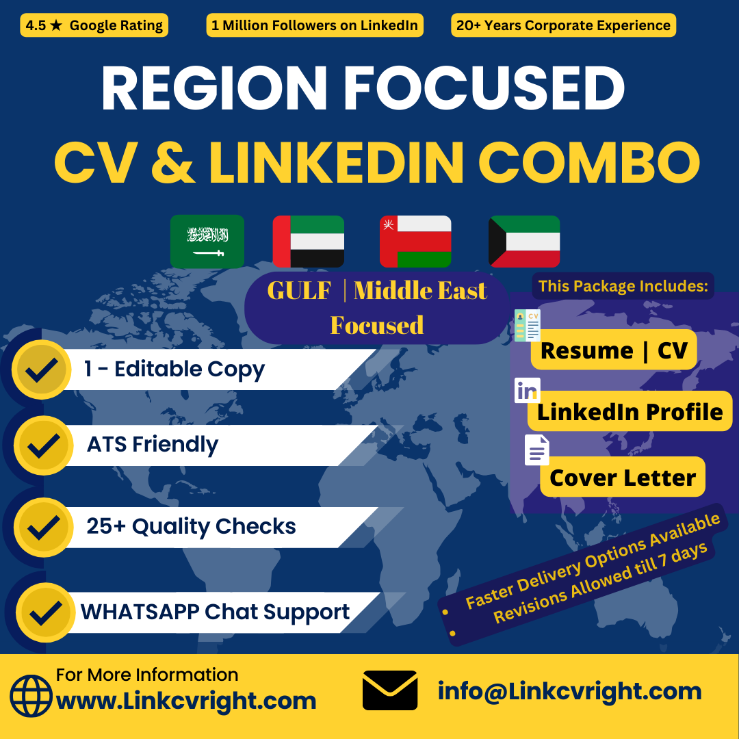 2 Page CV + Full Linkedin Profile Makeover + Cover Letter- Focused for GULF