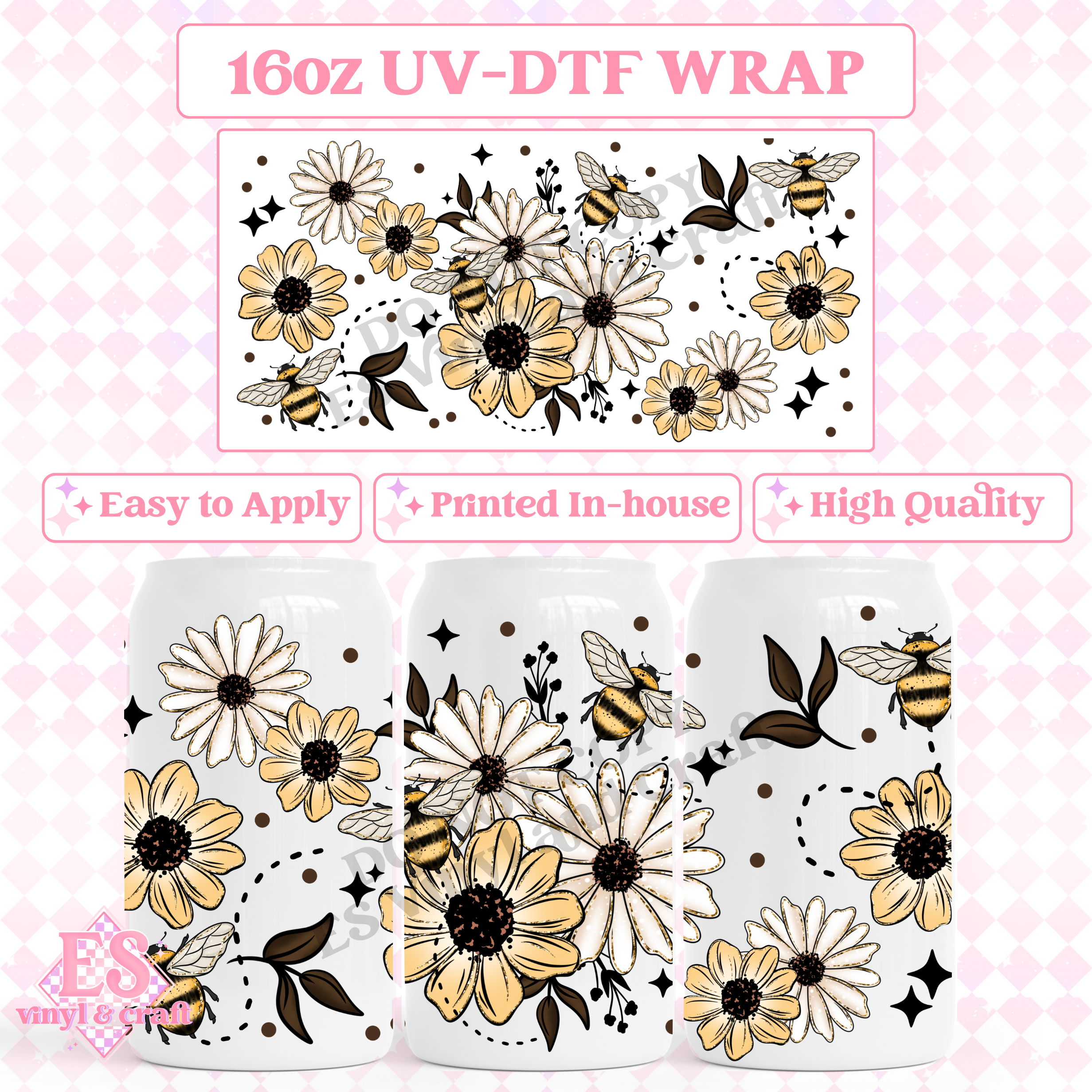 Floral Bees - 16oz Beer Can / Libbey UV-DTF