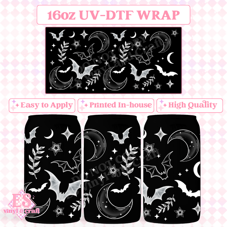 Bats, Stars and Moons for Black Cups - 16oz Beer Can / Libbey UV-DTF Transfer