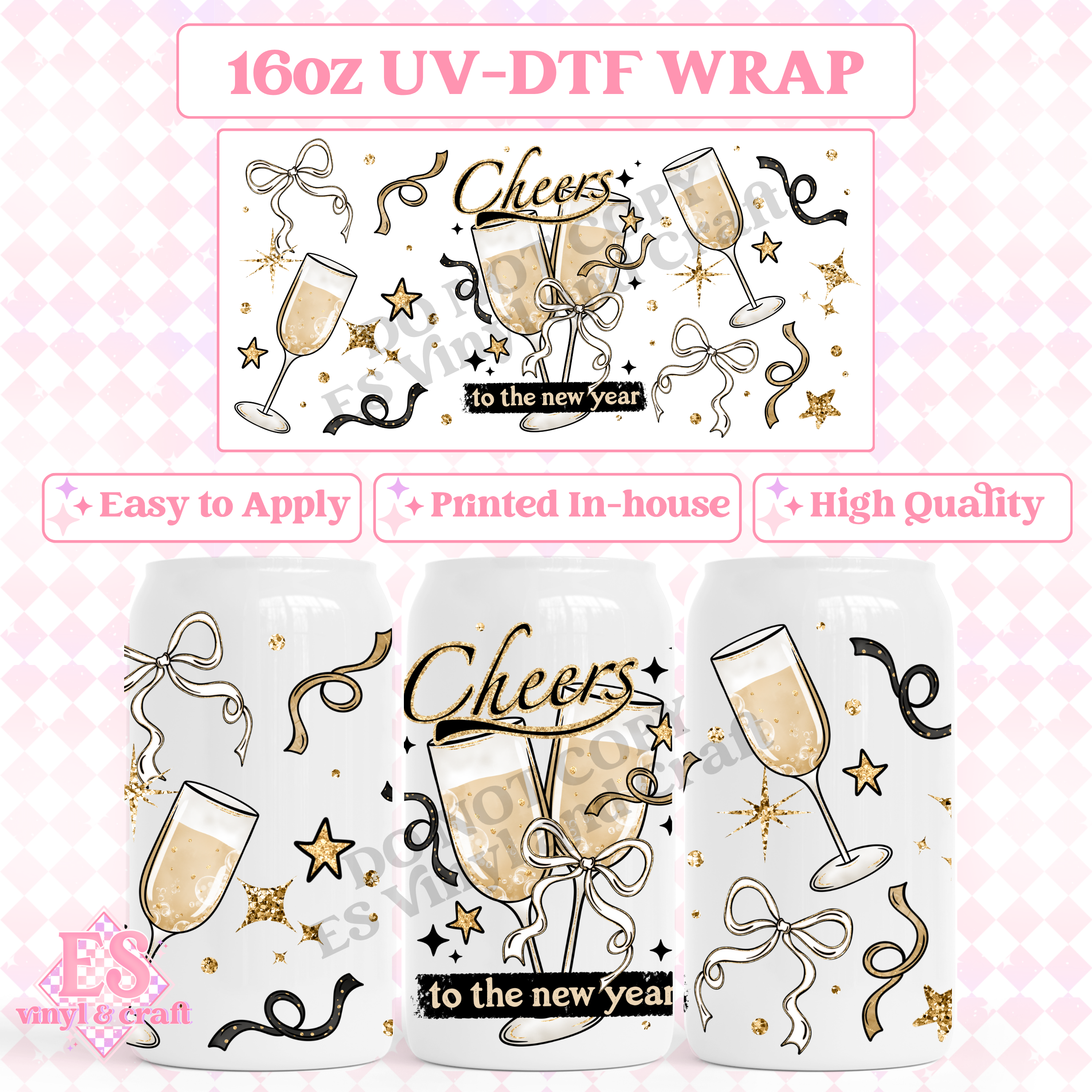 New Years Cheers - 16oz Beer Can / Libbey UV-DTF Transfer