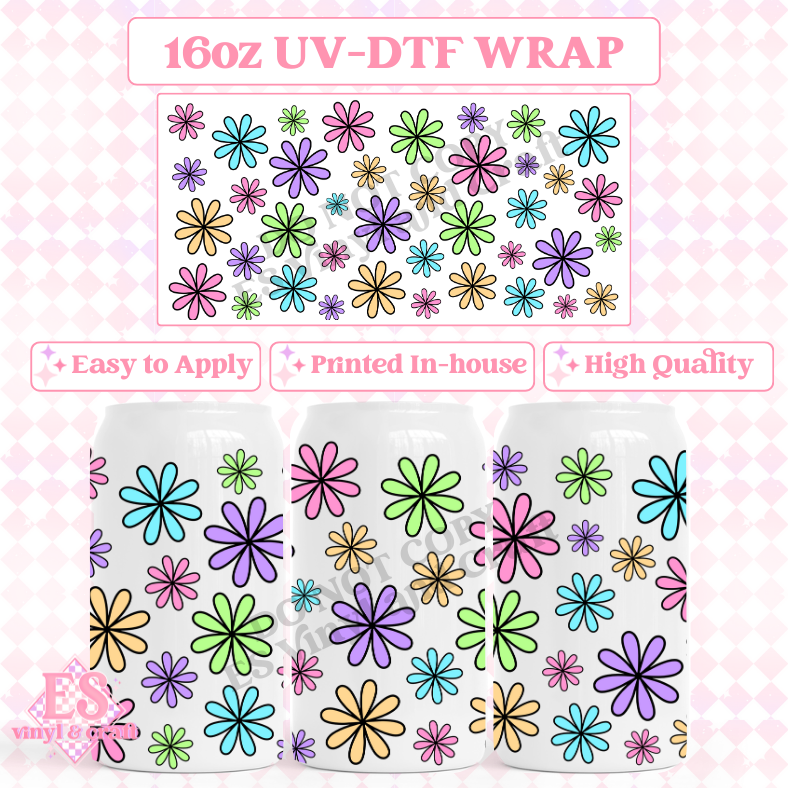 Rainbow Flowers - 16oz Beer Can / Libbey UV-DTF Transfers