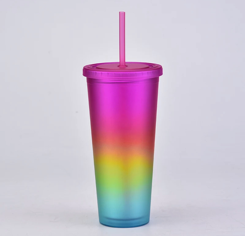 Rainbow Sand Flow Glitter Tumbler With Straw - 21oz Double Wall Acrylic Cup (Pink)