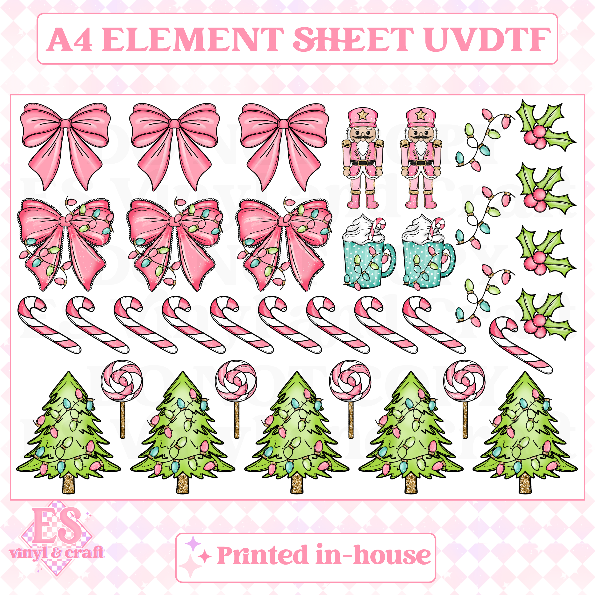 Mint, Pink and Green Christmas - UVDTF (A4 Sheet) 210mm x 300mm