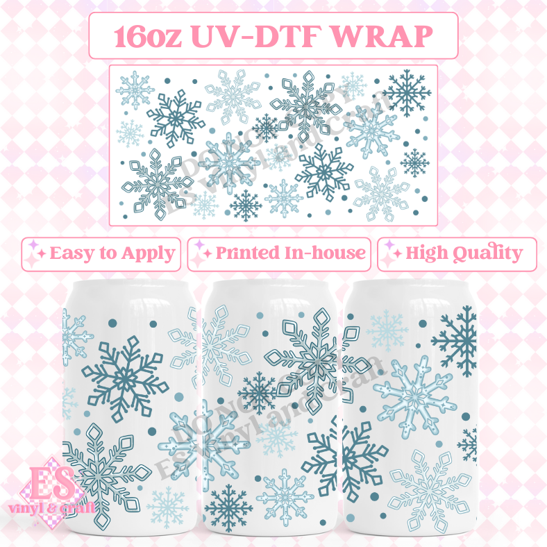 Blue Snowflakes - 16oz Beer Can / Libbey UV-DTF Transfer