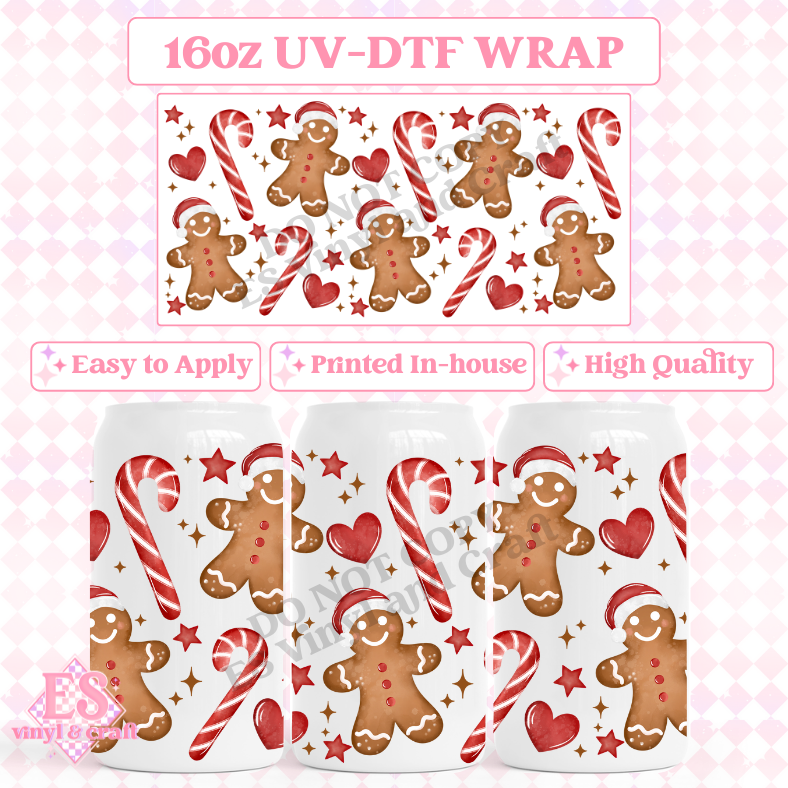 Christmas Gingerbread - 16oz Beer Can / Libbey UV-DTF Transfer