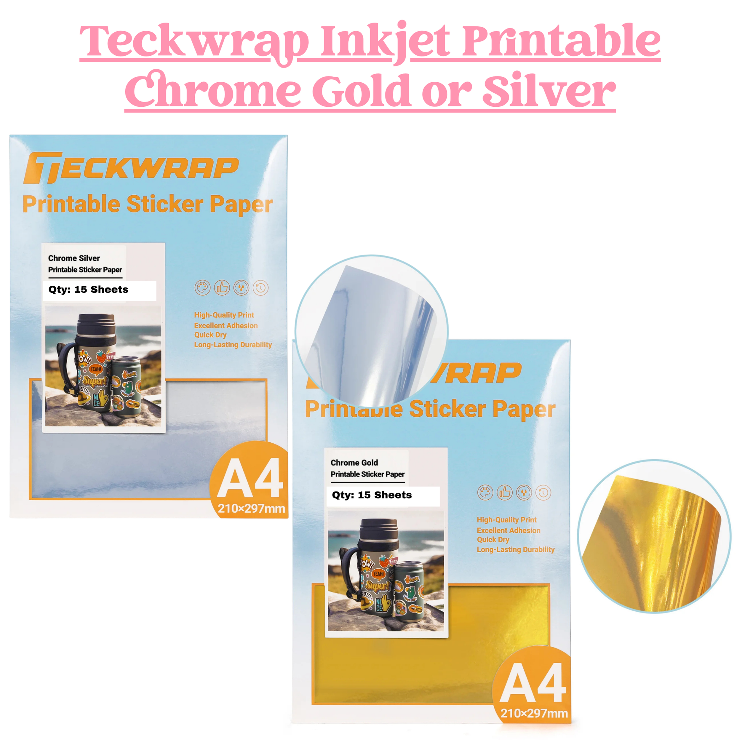 Inkjet Printable Sticker Paper Chrome Silver or Gold