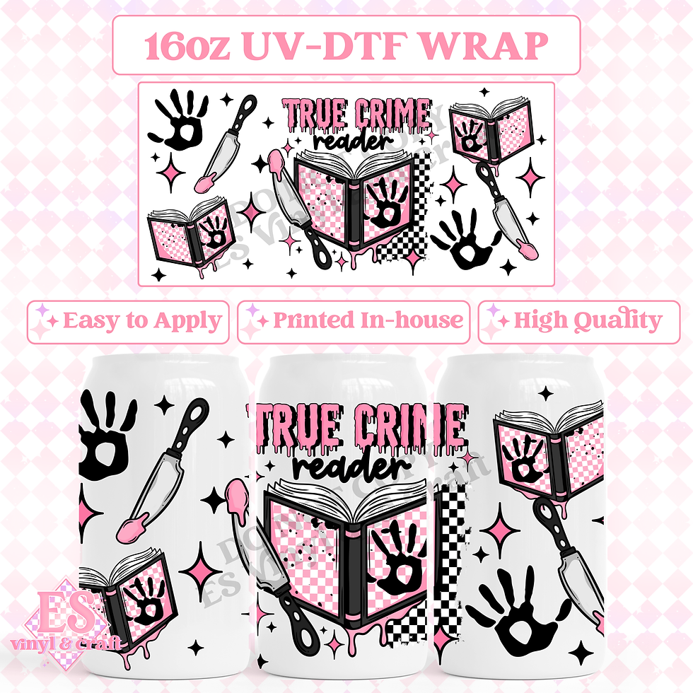 True Crime Reader - 16oz Beer Can / Libbey UV-DTF Transfer