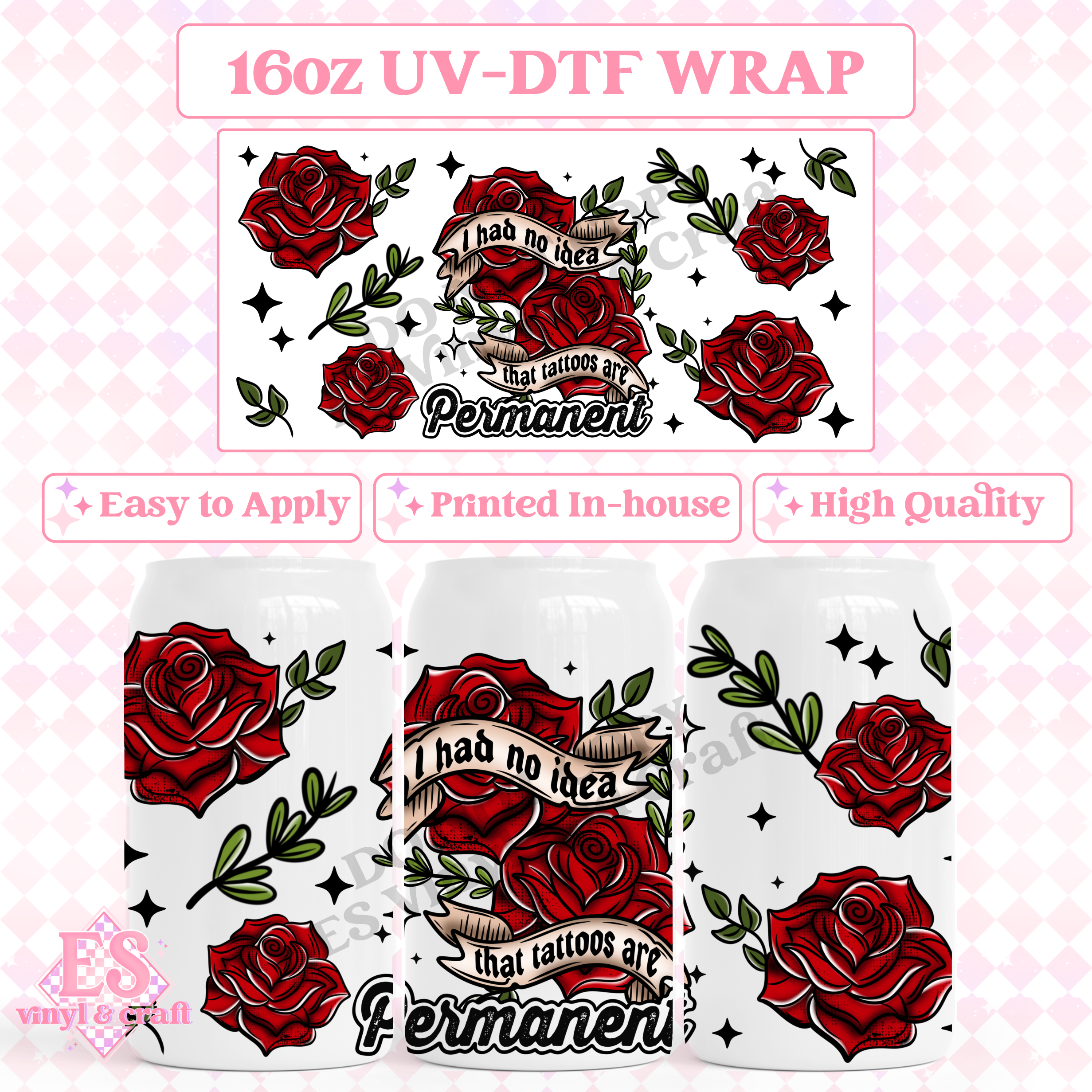 Tattoos Permanent - 16oz Beer Can / Libbey UV-DTF Transfer