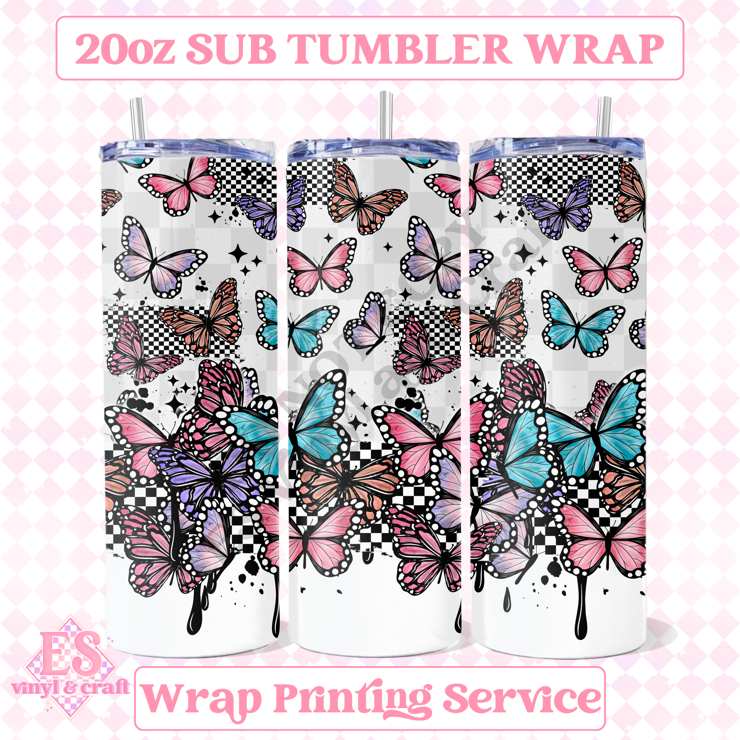 Checker Butterfly - Full 20oz Tumbler Sublimation Print