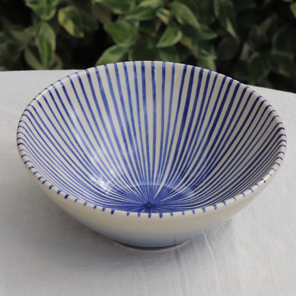 Thumbnail: Matrix ceramic ramen bowl close up - blue ombre outside with blue lines converging in the middle of the inside of the bowl