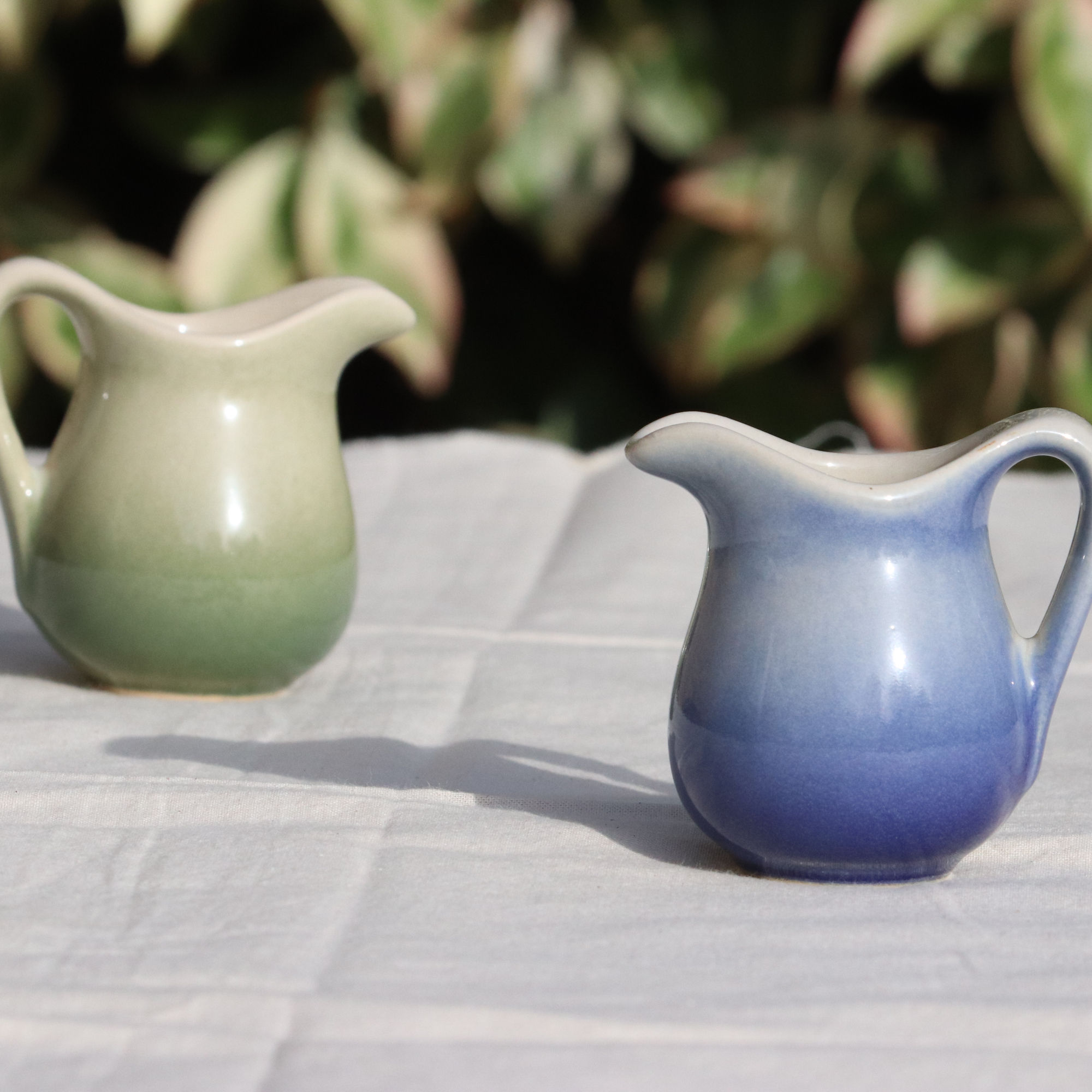 Blue and Green dainty ceramic small jug sit on a table outside
