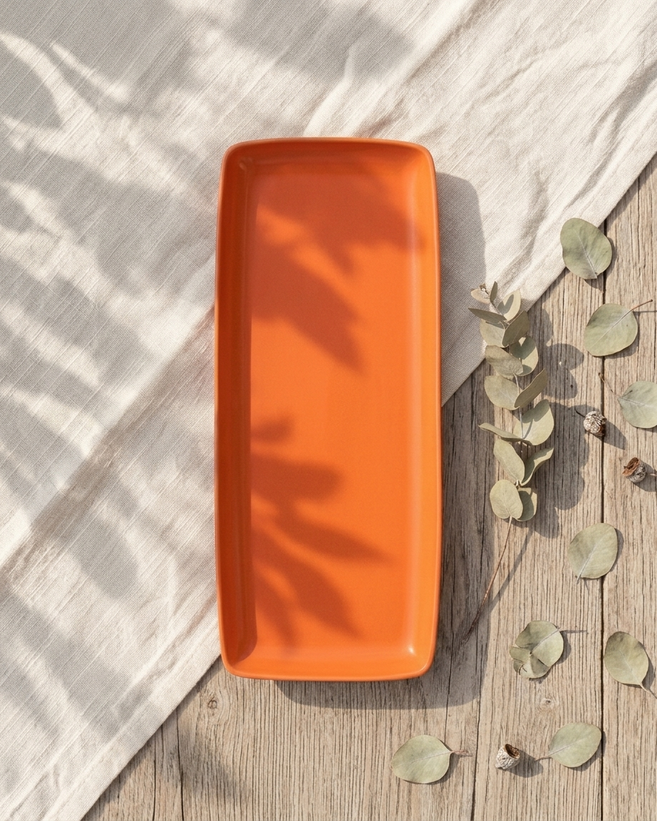 Tangerine colour oblong ceramic tray sits on table