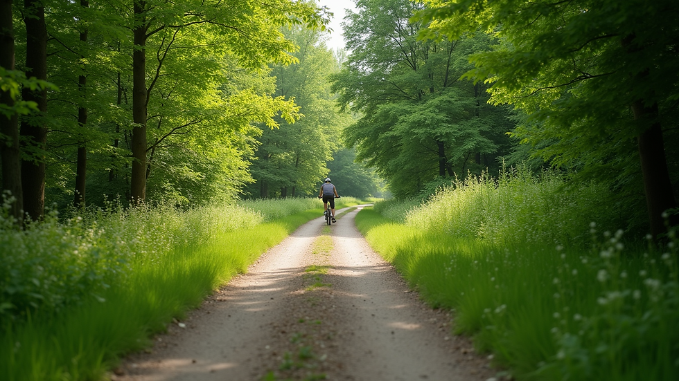 Wide angle view of a scenic cycling trail surrounded by lush greenery