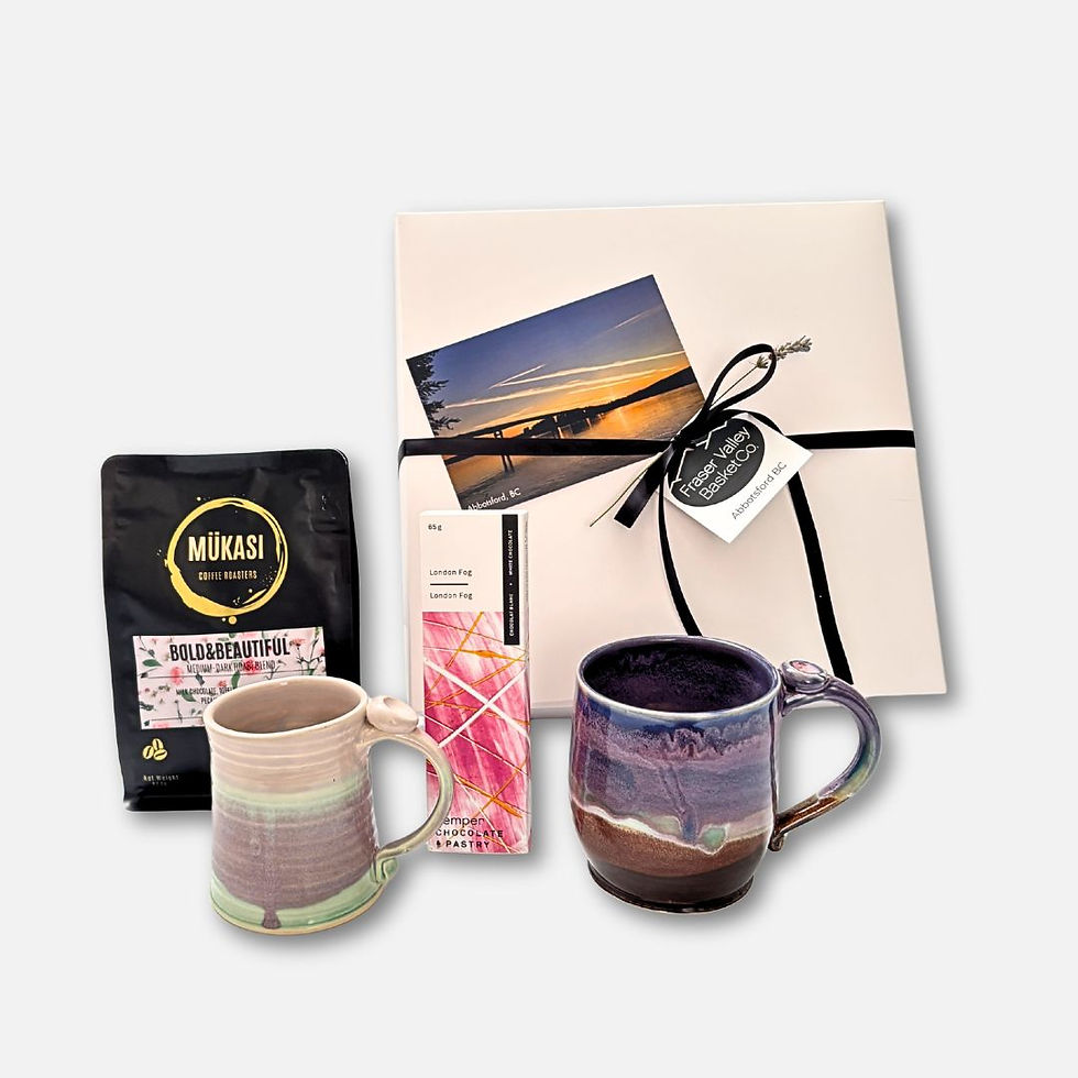 Coffee gift box with 2 mugs and chocolate.