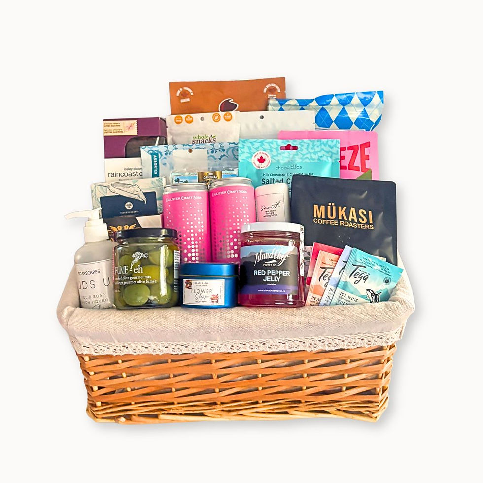 Coast & Comfort Gift Basket with BC gourmet foods, artisan snacks, coffee, tea, chocolates and self care gifts.