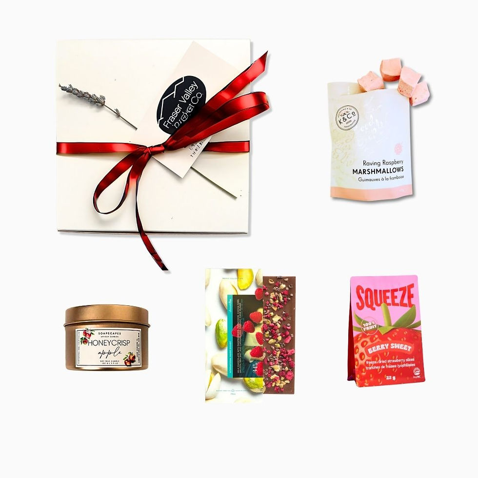 Valentine's day gift box with sweet treats and a candle, all from British Columbia.