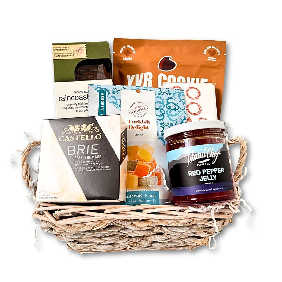 Small gift basket with BC products, crisps, cookies, Turkish delight, red pepper jelly and cheese.