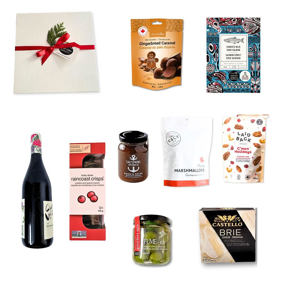 West Coast Wine & Savoury Gift Box with wine, Brie, olives and gourmet treats.