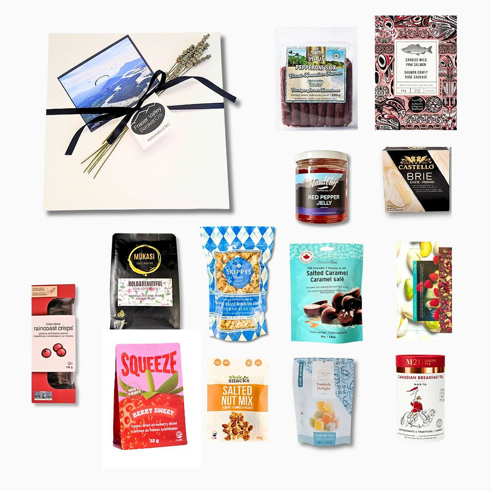 Gift box with lots of BC made snacks such as dried fruit, popcorn, nuts, chocolate and more.