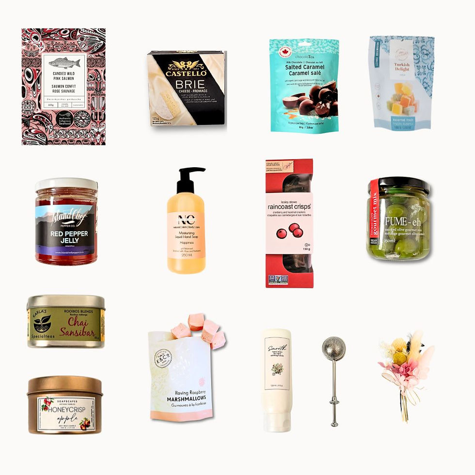Thumbnail: Luxury spa and gourmet gift basket with products from British Columbia including coffee, tea, bath soak and many other items.