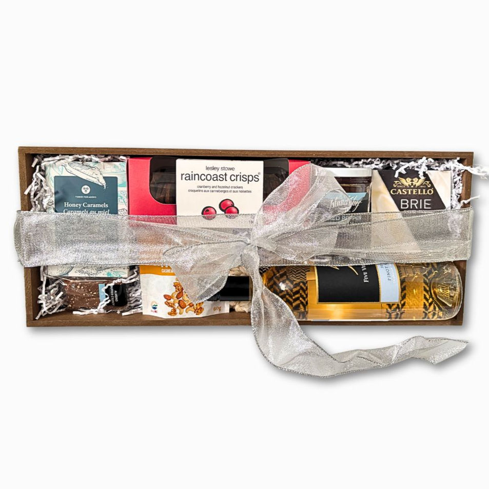 Gift tray with snacks,  wine and hand towel from British Columbia