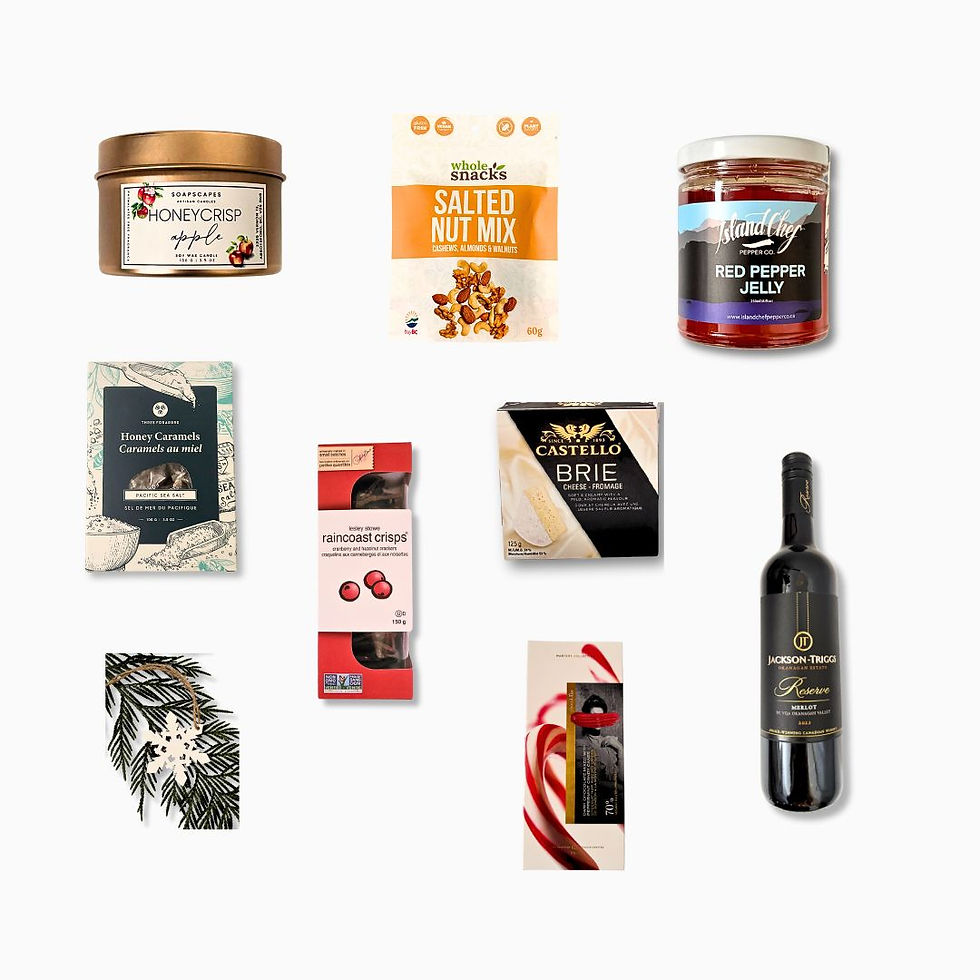 Joyful Gatherings gift box contents; wine, candle, chocolate, caramels, crackers, jelly, nuts, and cheese