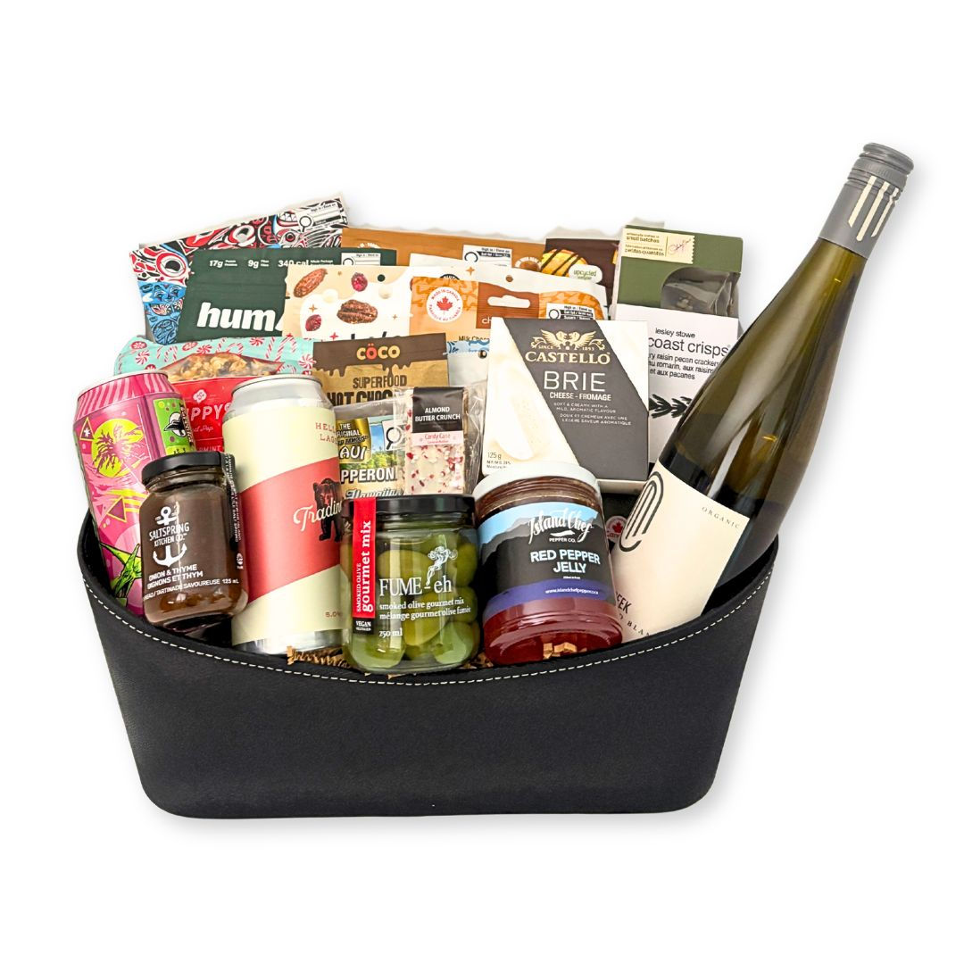 The Festive Cellar Gift Basket with BC wine, craft beer, Brie and gourmet treats.