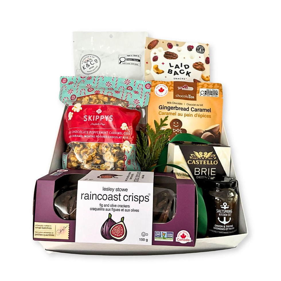 Spread the Holiday Cheer Gift Box with Brie, crackers, savoury spread and festive treats.