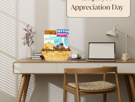 Desk with gift basket placed on it.