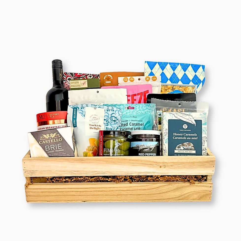 Holly Jolly Gift Basket with wine, in black crate with products from British Columbia including wine and chocolate.