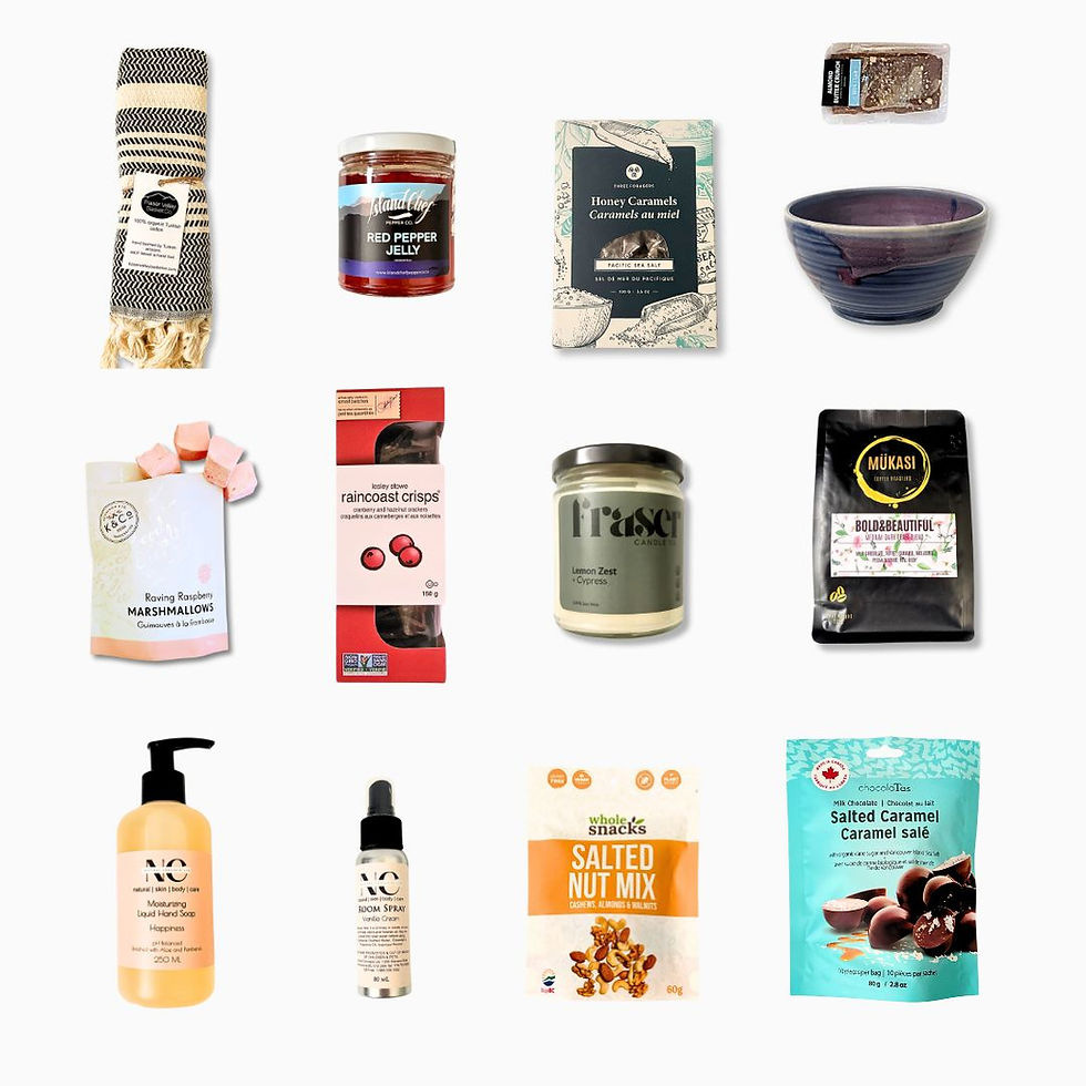 Gift basket filled with items from British Columbia, CA. Candle, pottery, snack items and hand towel.