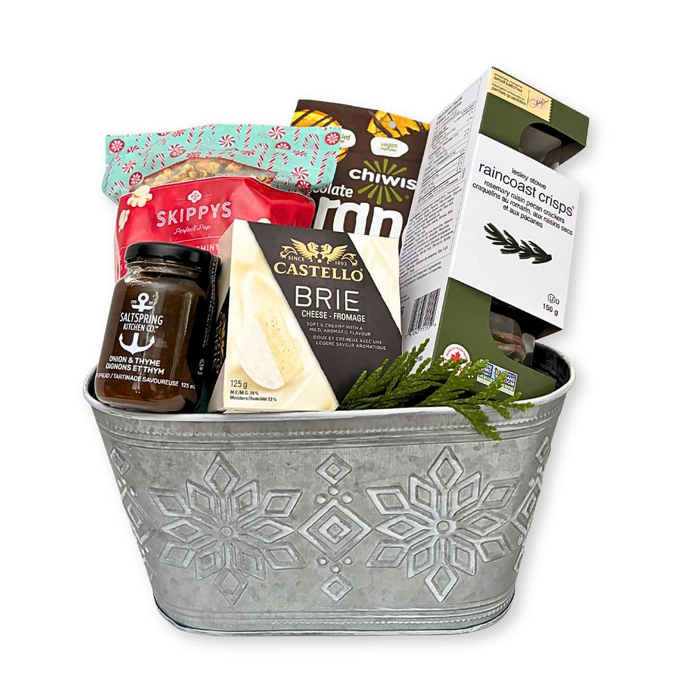 Snowflake Gift Basket with Brie, crackers, savoury spread and chocolate treats.