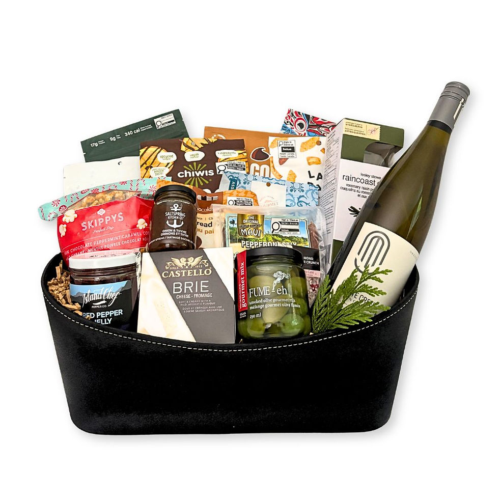 A December Toast Gift Basket with BC wine, Brie, candied salmon and gourmet treats.