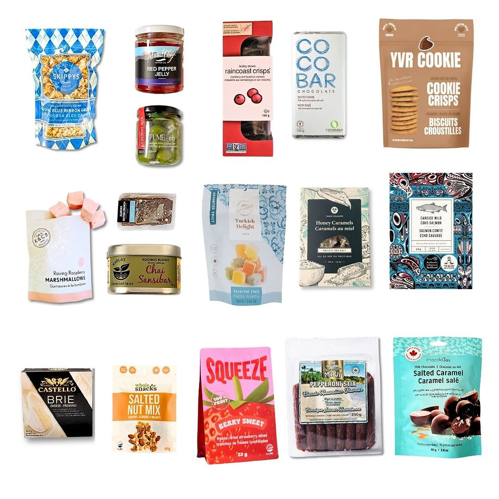 Products from British Columbia that are being used in a gift basket.
