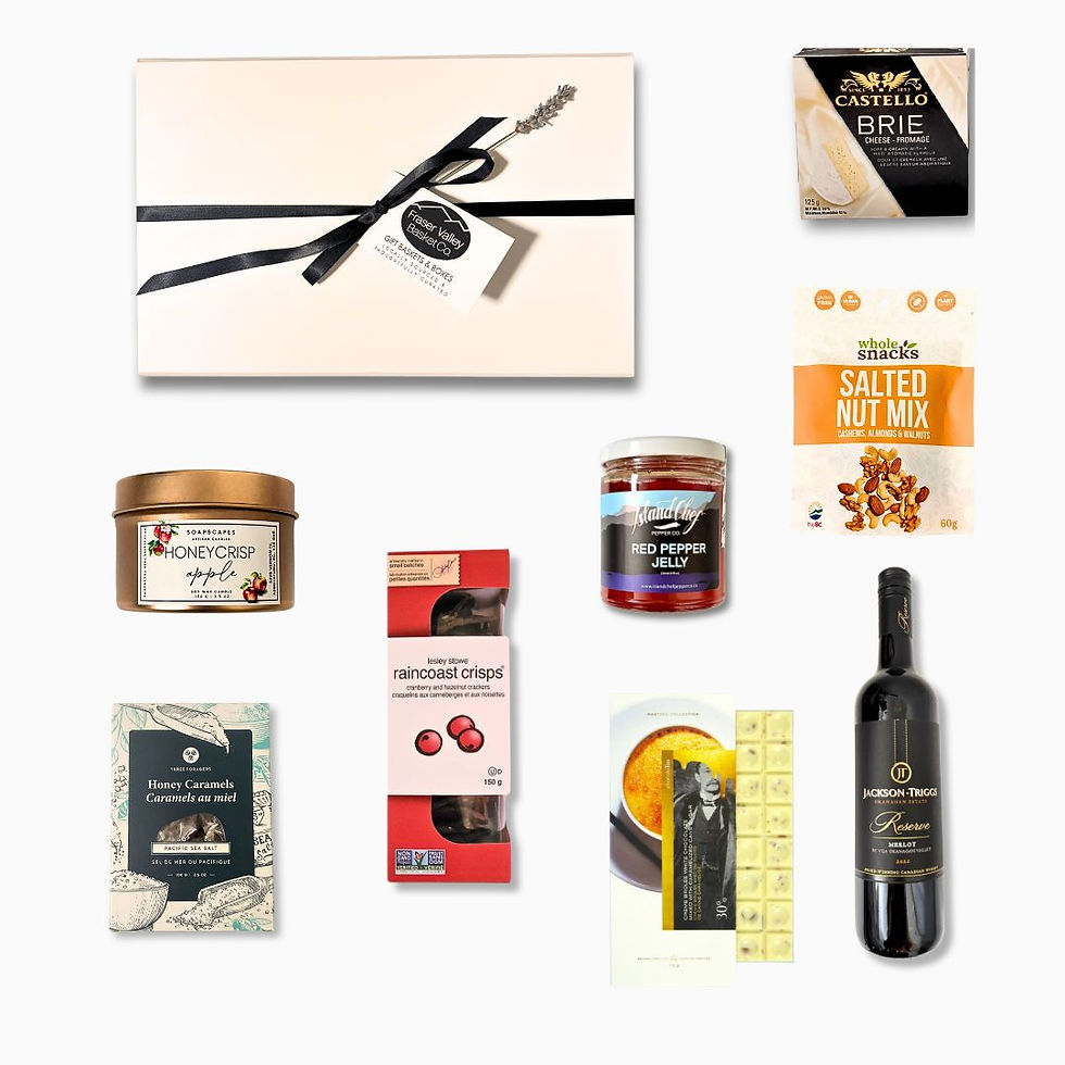 Joyful Gatherings gift box which includes BC products; wine, candle, chocolate, nuts, plus other treats.
